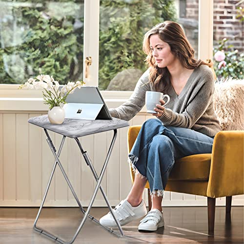 Folding TV Tray Table, Portable Snack Table with X-Leg Base, White Marble