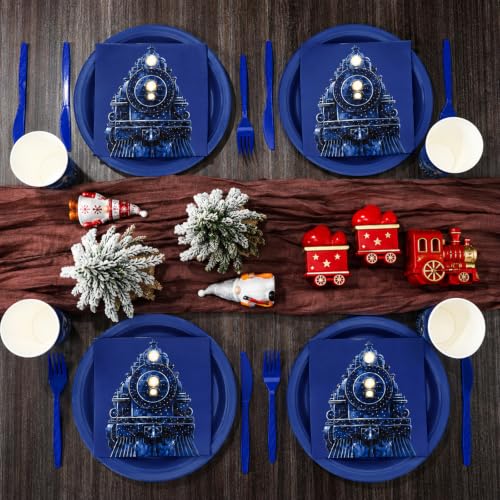 Blushtier 50-Piece Polar Christmas Party Tableware Set — Train Variation, Blue Holiday Dinnerware for 50 Guests