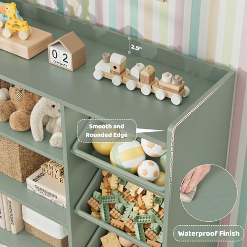 55-inch Kids Toy Storage Organizer with 10 Bins and Bookshelf, Green