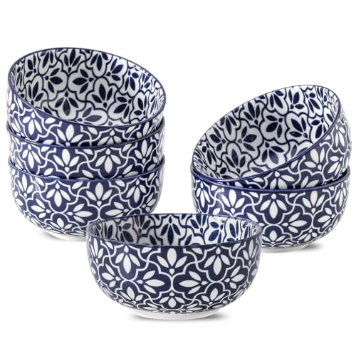 JINGUS Lattice 28 oz Cereal Bowls Set of 6 – Vintage Blue & White Porcelain