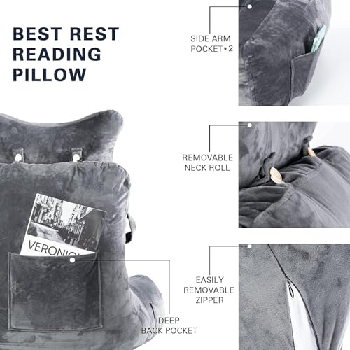 Reading Pillow with Detachable Neck Roll & Arm Support - Dark Grey