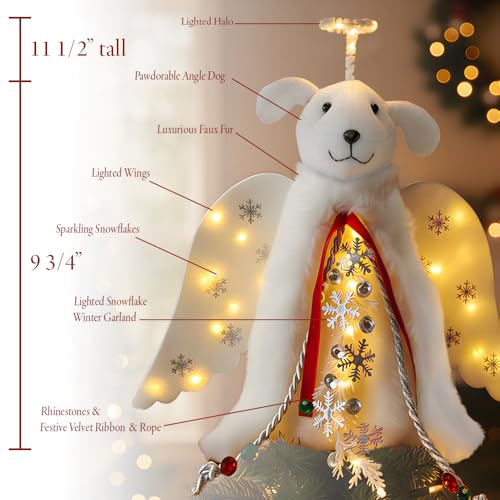 Dog Angel Christmas Tree Topper with LED Lighted Halo & Wings Decor