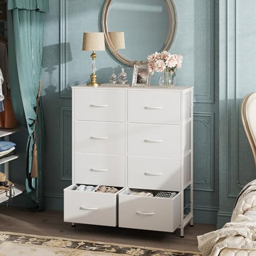 8-Drawer White Fabric Dresser - Tall Storage Tower for Bedroom