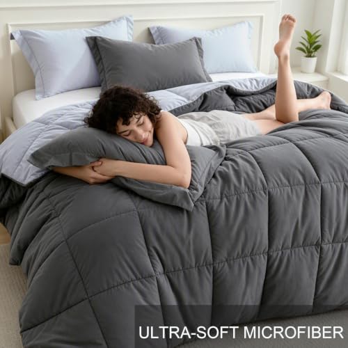 Queen Comforter Set 3 Piece - Lightweight Reversible Grey Bed Set
