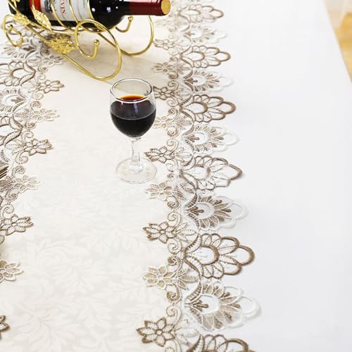 LeLehome 69 Inch Embroidery Lace Table Runner - Elegant Jacquard Floral Dresser Scarf for Dining & Wedding