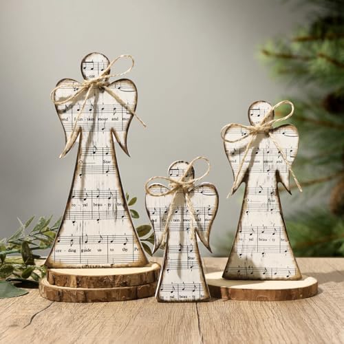 Treory Rustic 3Pcs Angel Decor Set – Christmas Carols Wooden Nativity Ornaments