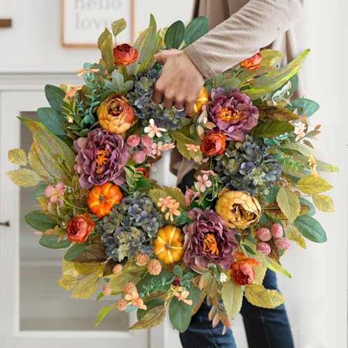 24-Inch Fall Front Door Wreath with Hydrangeas, Peonies, and Pumpkins