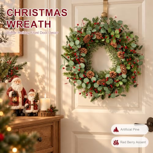 24-Inch Christmas Wreath with Red Berries, Pine Cones & Eucalyptus for Front Door & Holiday Decor