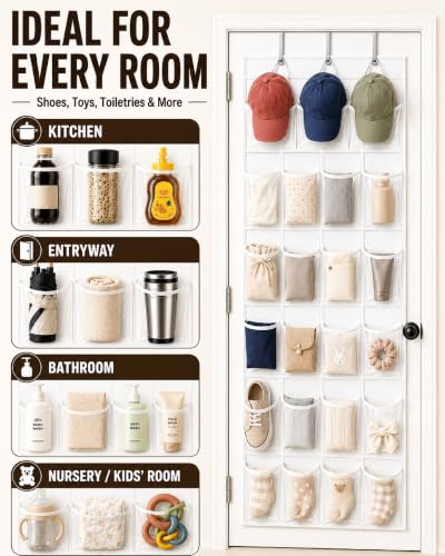Over-the-Door Shoe Organizer, 24 Clear Pockets Hanging Storage Rack