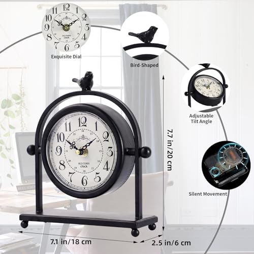 Vintage Farmhouse Table Clock with Bird Topper - Silent Iron Mantel Clock