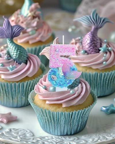 Mermaid Number 5 Birthday Candle - 2.87 Inch Glitter Cake Topper Decor