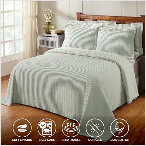 Queen Size Sage Chenille Bedspread - Lightweight Cotton Tufted Bedding Coverlet