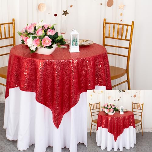 36x36 Inch Red Sequin Tablecloths | 2 Pack Sparkle Square Party Linens for Weddings & Christmas