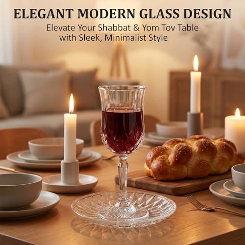 Modern Glass Kiddush Cup Set with Matching Tray - 5.2 oz Wine Goblet