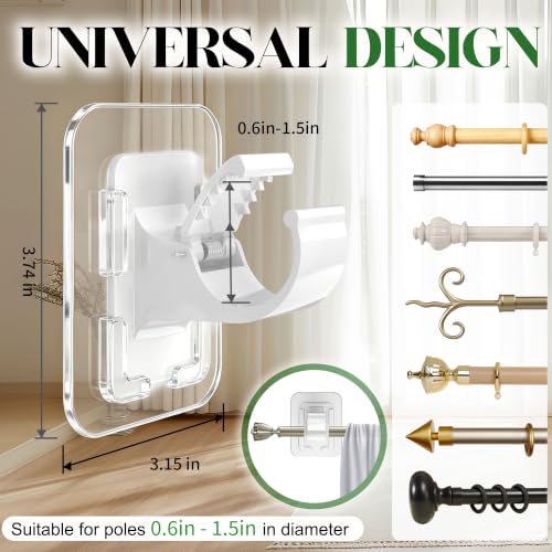 No-Drill Adhesive Curtain Rod Holders - 20lb Capacity, Detachable Hooks