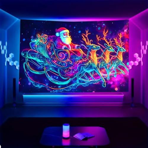 Black Light Tapestry – Merry Christmas UV Reactive Wall Hanging, Santa & Elk, 79x59 Unframed