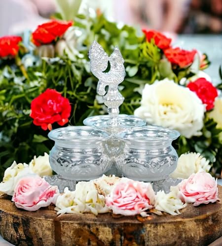 German Silver Pooja Panchwala with Peacock Handle - Kum Kum Holder for Home Temple & Festivals