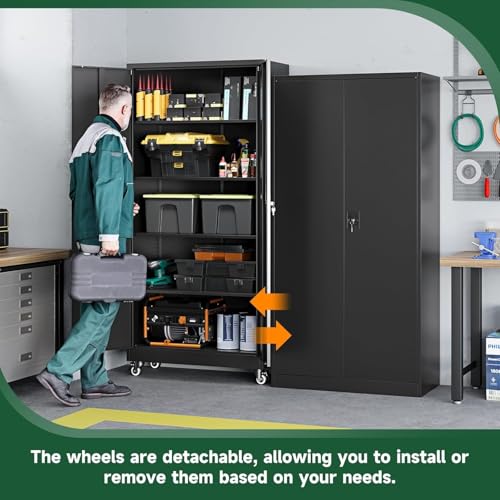 75-Inch Rolling Metal Garage Storage Cabinet with Lockable Doors - Black