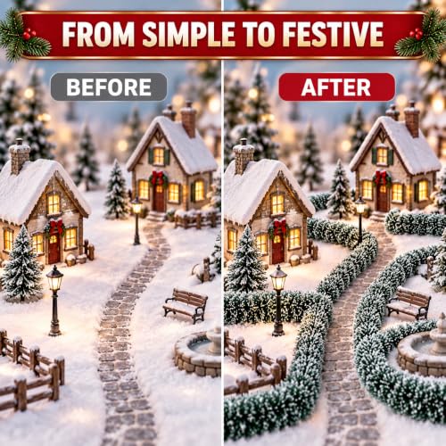 VKQ 6 Pack Christmas Village Hedges - 14 Inch Flexible Snowy Sisal Borders
