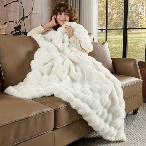 Faux Rabbit Fur Throw Blanket, Cream White Bubble Texture, 50x60 Inches