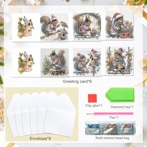 Antor 6-Pack Squirrel Christmas Diamond Painting Cards - DIY Rhinestone Holiday Greeting Set
