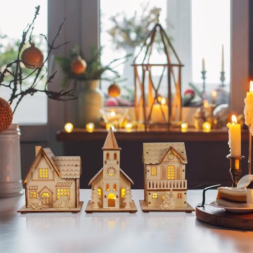 3-Piece LED Light-Up Wooden Christmas Village Houses - Holiday Decor