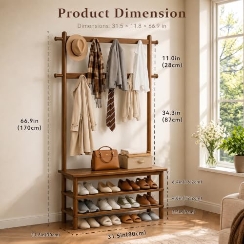 Solid Wood Hall Tree with Bench and Shoe Rack, 11-Hook Entryway Organizer