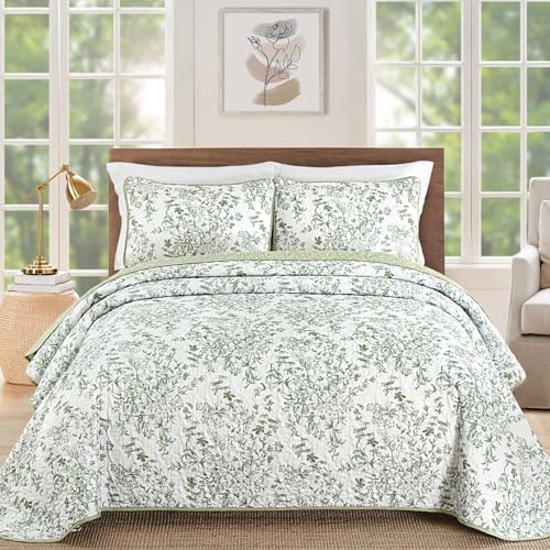 WONGS BEDDING Sage Green Botanical Floral King Quilt Set - 3-Piece Bedspread