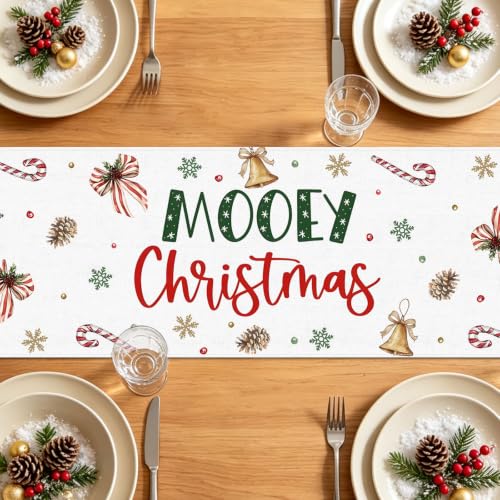 Hafangry Highland Cow Christmas Table Runner, 13 x 72in Polyester Linen-Look