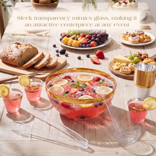1.4 Gallon Gold Trim Punch Bowl Set with 25 Cups, Ladle and Tongs