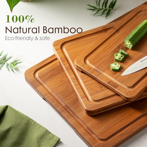 Astercook 3-Piece Deep-Carbonized Bamboo Cutting Board Set with Storage Stand, Reversible Juice Grooves & Handles