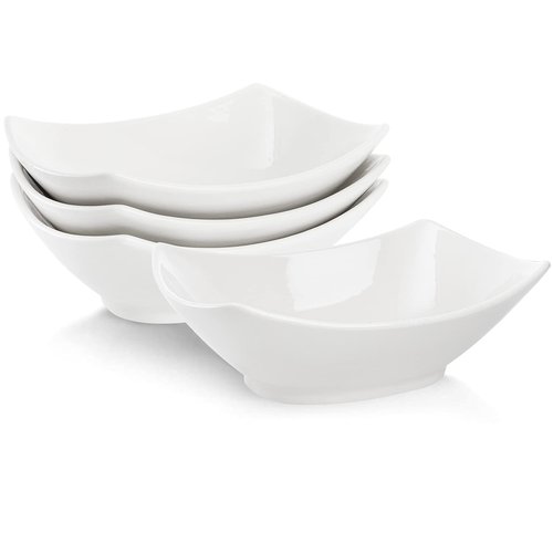 Cedilis 4 Pack Porcelain Serving Bowls, 27ounce White Rectangular Ceramic Salad Bowls, Side Serving Dishes for Veggie, Potatoes and Fruits