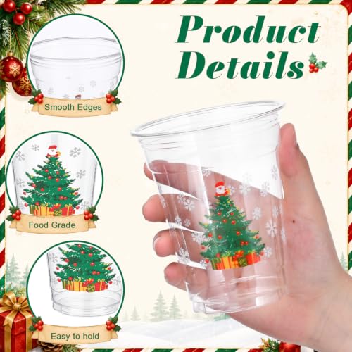 FoldTier 100 Pack Christmas Plastic Cups with Lids & Straws - 12 oz - Holiday Party Supplies