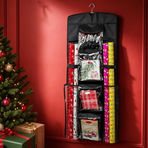 Gift Wrap Organizer Storage Container with Pockets and Roll Slots, Black