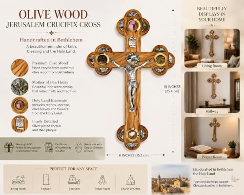 11 Inch Olive Wood Cross Wall Hanging from Bethlehem with Mother of Pearl & Jerusalem Stones - Christian Religious Decor Gift for Easter & Christmas