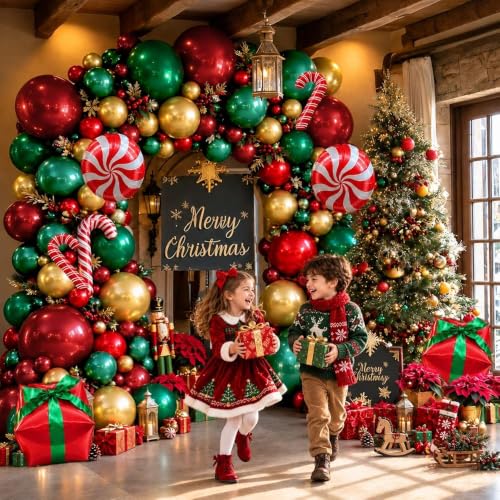 Double Stuffed Christmas Balloon Garland Kit - Dark Emerald Green, Red & Gold, Includes Double-Layer Balloons for Holiday Decorations