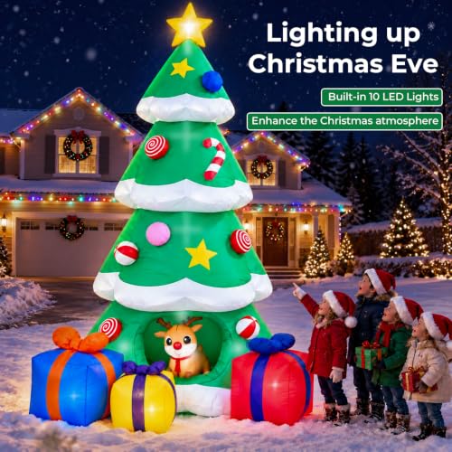 HMAZAE 10ft Green Inflatable Christmas Tree with Built-in LED Lights, Waterproof Outdoor Yard Decor