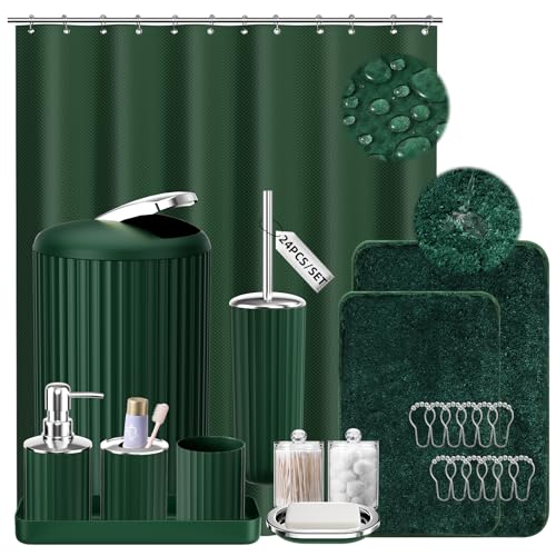 24-Piece Dark Green Bathroom Accessory Set with Shower Curtain and Bath Rugs