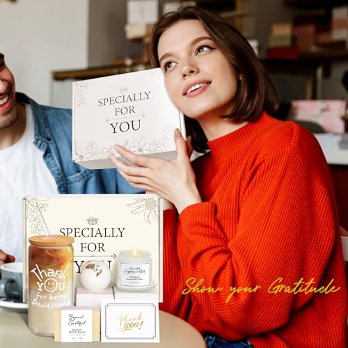 Thank You Gifts for Women - Appreciation Gift Set for Boss, Teacher, Coworker | Thank You Boss Day Gift Box with Candle & Glass Mug - Variation: Thank You Gifts