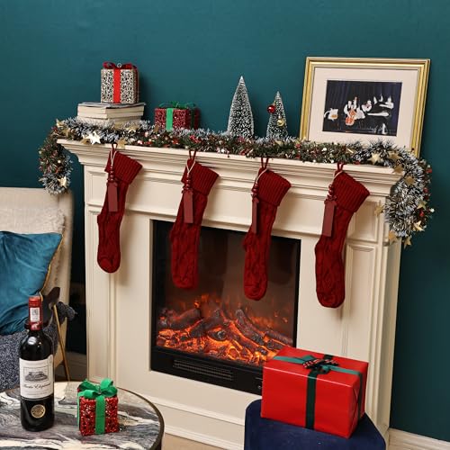 Red 4 Pack Personalized Christmas Stockings with Wooden Name Tags, 18 Inch