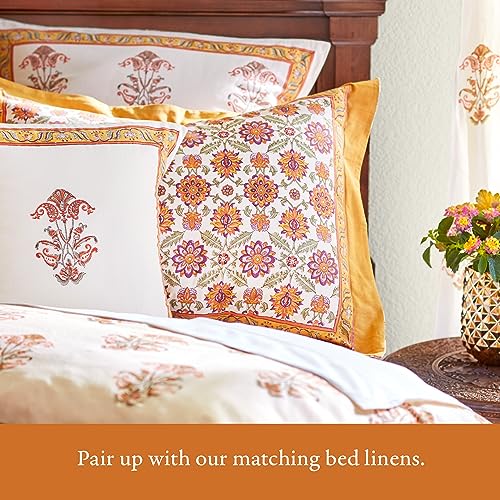 Lightweight Orange Cotton Bedspread - Hand Block Printed Floral Comforter 90x90 inches