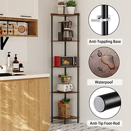 5-Tier Industrial Corner Shelf, 65-Inch Tall Corner Bookshelf for Small Spaces