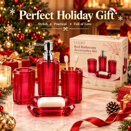 Red Bathroom Accessories Set - 4-Piece Acrylic Decor for Guest & Master Bath - Holiday & Year-Round Use