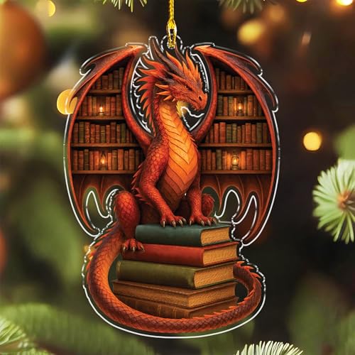 Dragon Bookworm Acrylic Christmas Ornament - Fantasy Book Lover Gift - Bookish Decor