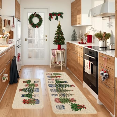 Christmas Kitchen Rugs Set of 2 Pine Trees and Blue Red Porcelain 17x29 & 17x47 Inches