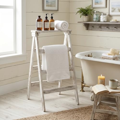 Freestanding A-Frame Blanket Ladder, White Washed Wood Textile Holder