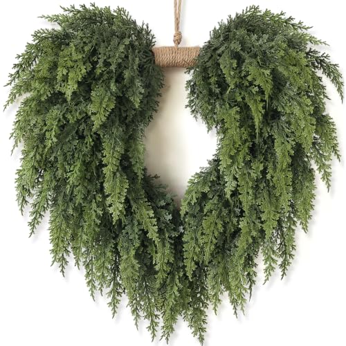 Artificial Heart-Shaped Cedar Wreath for Front Door Decoration - 21 Inch