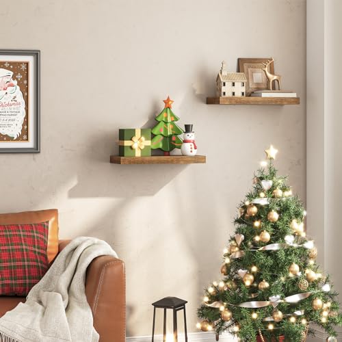 Rustic Brown Floating Wall Shelves, 15.7-Inch Wood Display Ledges - Set of 2