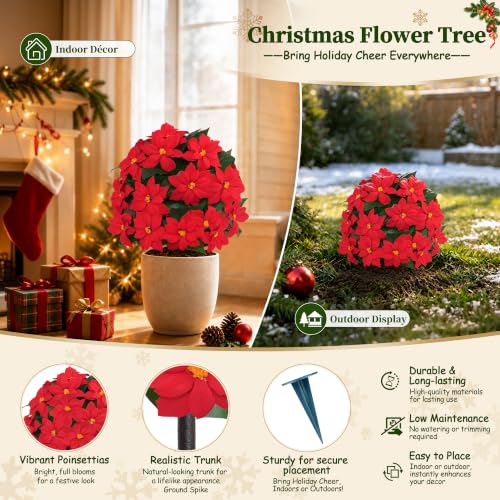Grooy 2 Pack Christmas Artificial Topiary Balls with Poinsettia Flowers Outdoor