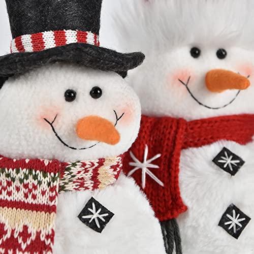 Worldeco 2-Piece Christmas Snowman Plush Decor, Red Hat Adjustable Bowler, 9.75in & 12.25in